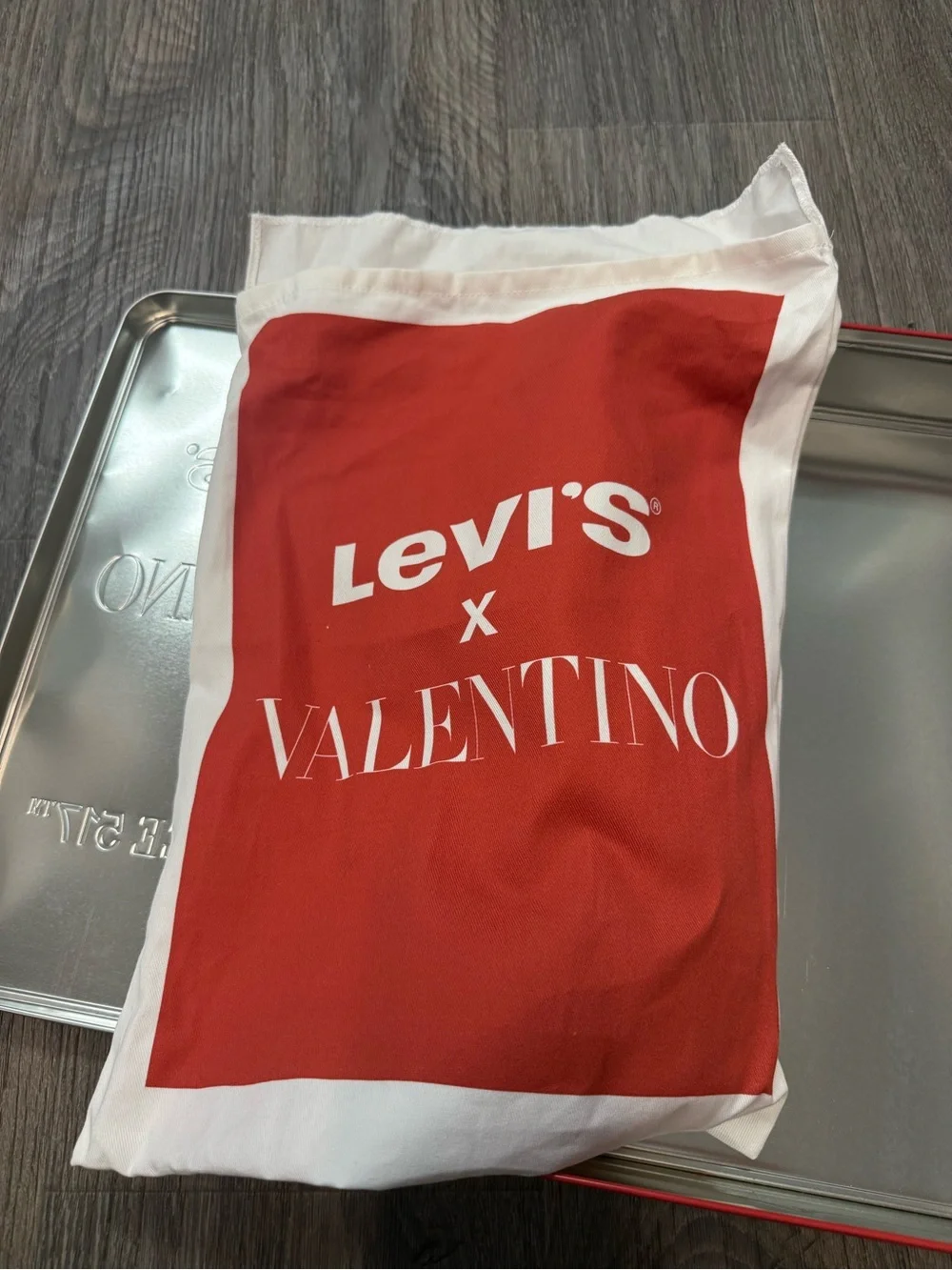 Valentino Red Metal Storage Tin with White Stripe